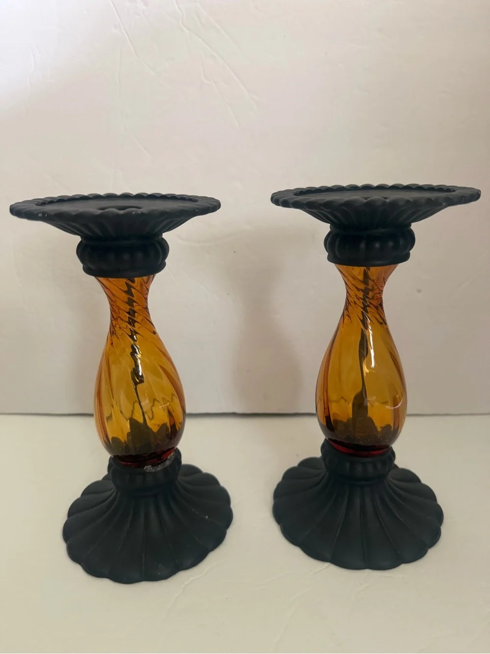 PartyLite Pair Amber Glass Candleholders with Black Bases 8” - Picture 5 of 16